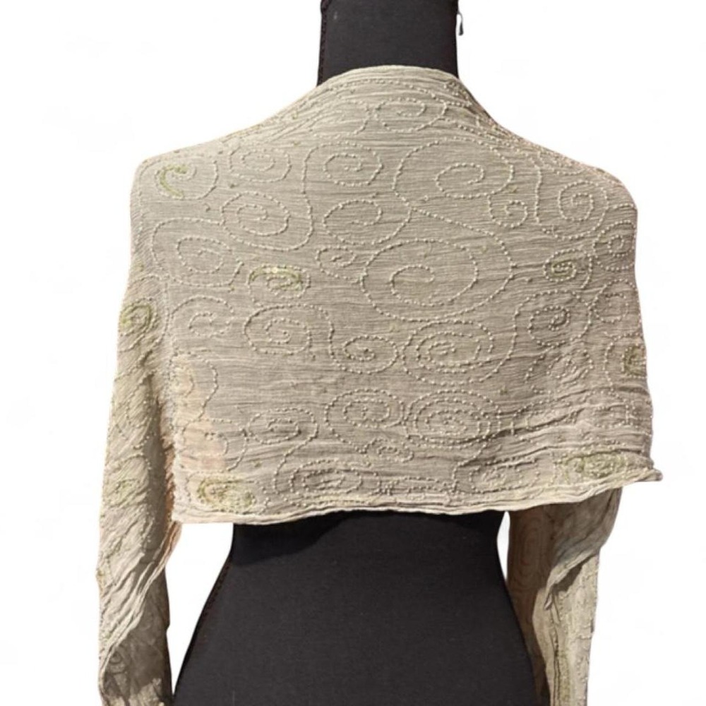 Vintage 100% Silk Beaded Shawl Wrap Sage Green Sheer Crinkle Shrug Swirl Deco